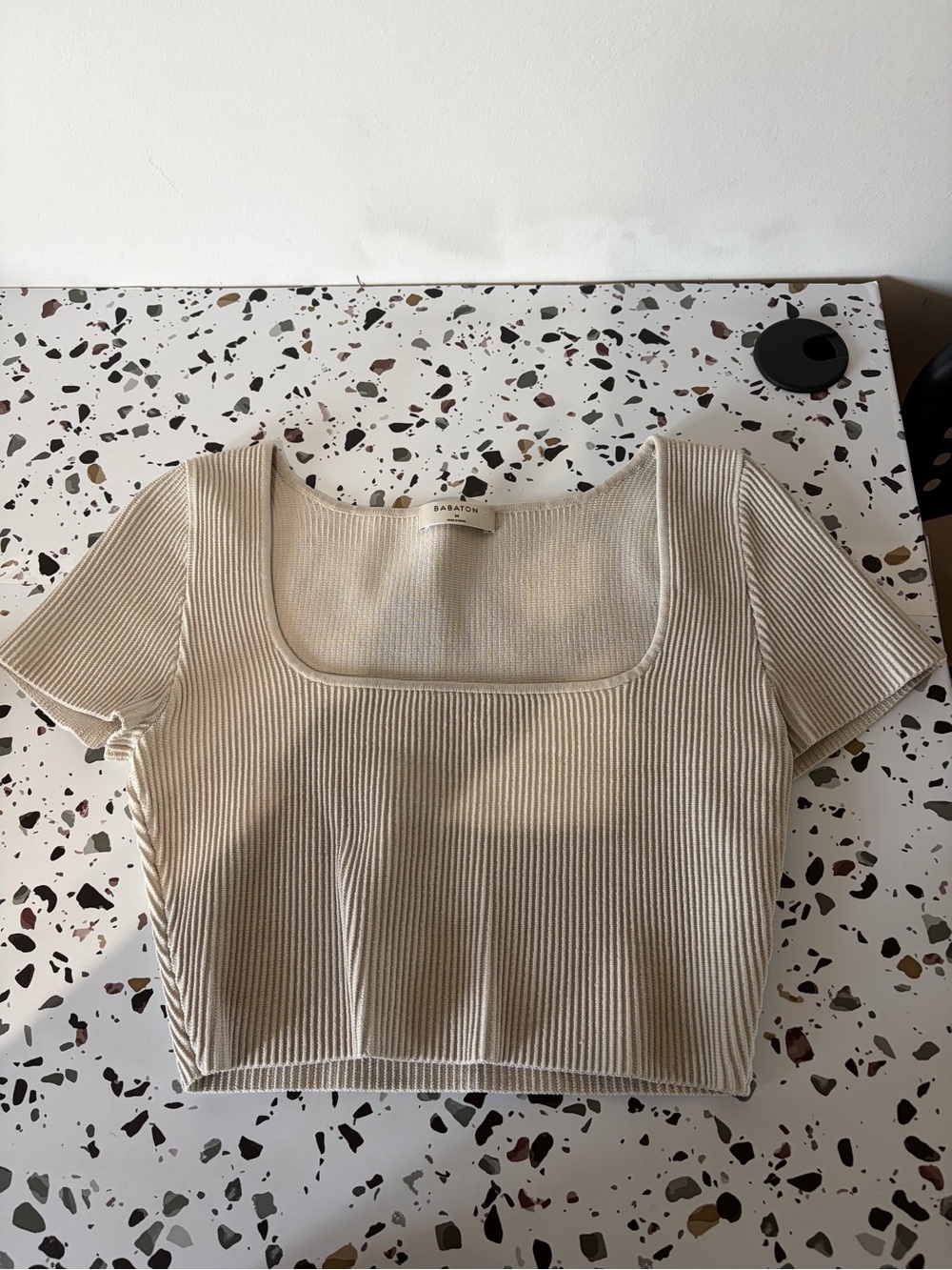 Babaton Cream Ribbed Square-Neck Crop Top